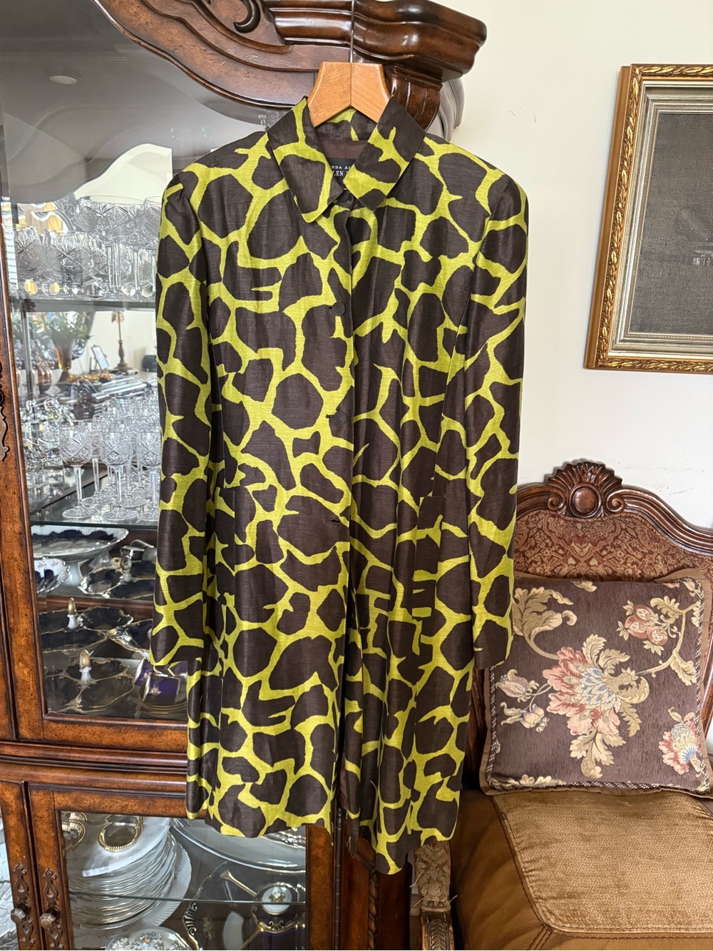 Ellen Tracy Green and Brown Printed Trench Coat